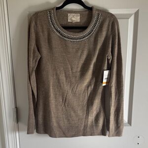 NWT Debbie Morgan Classic Elevated Basic Jeweled Neckline Tan Sweater Small
